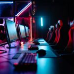 An immersive gaming room with neon lights, computers, and gaming chairs ready for a tournament.